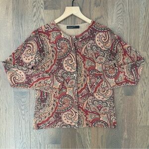 Lord & Taylor 100% Cashmere Paisley Print Cardigan Sweater Red, Brown Multi M